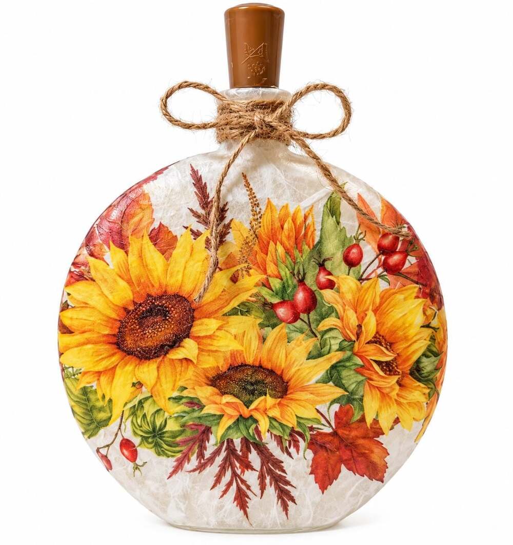 Sunflower and Berries Lighted Bottle Decor | Cottage Farmhouse Night Light Accen